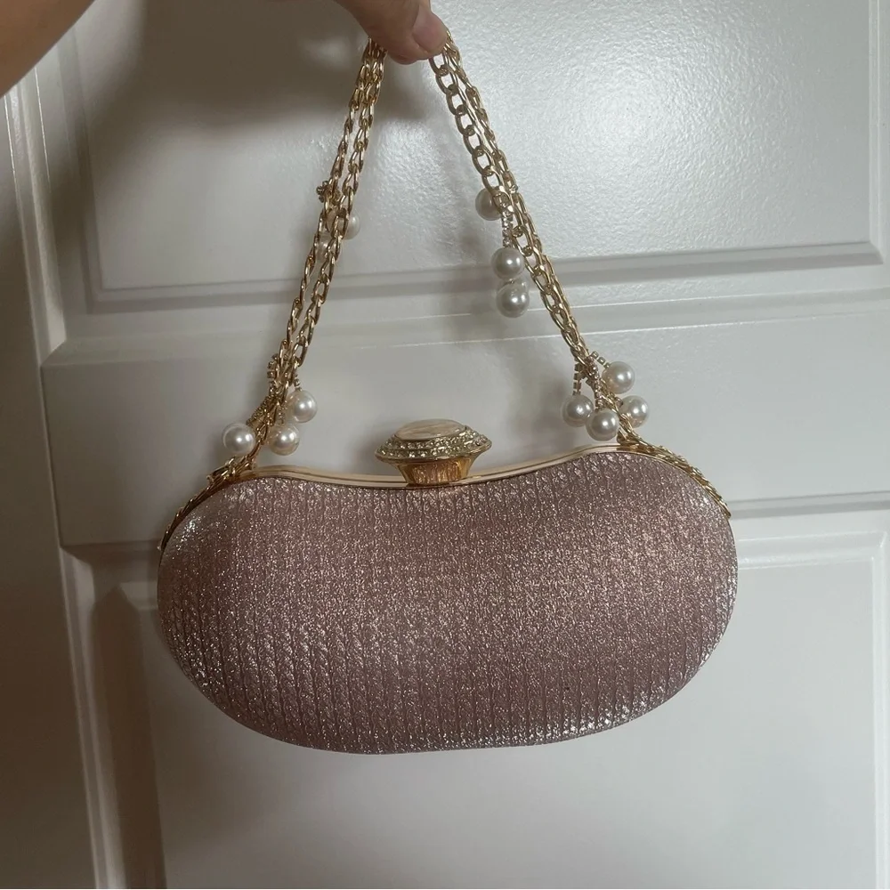 Shimmering Glitter Evening Clutch Sparkly Banquet Purse with Pearl Chain Pink